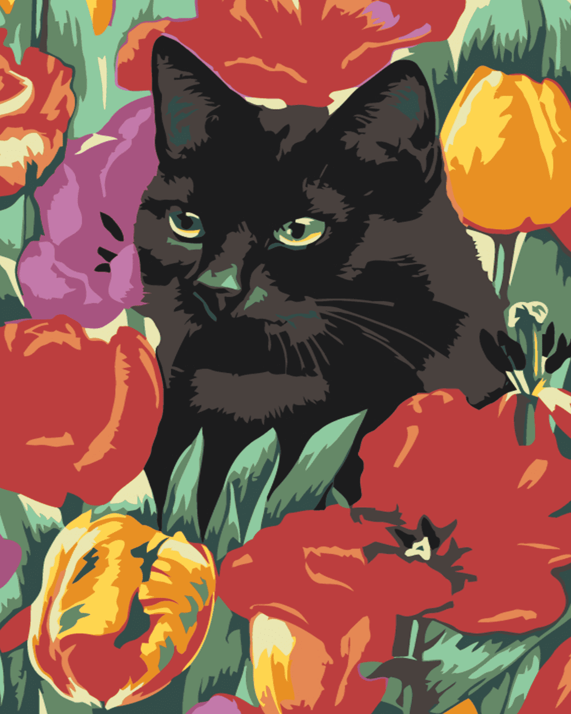 Gato en tulipanes
